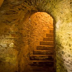 photo of stone staircase that has been flipped horizontally so the stairs appear to be twisting in an anticlockwise direction