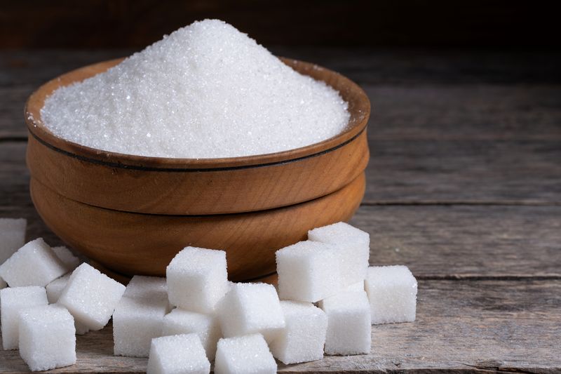 Image of a brown bowl with sugar and sugar cubes next to it. 