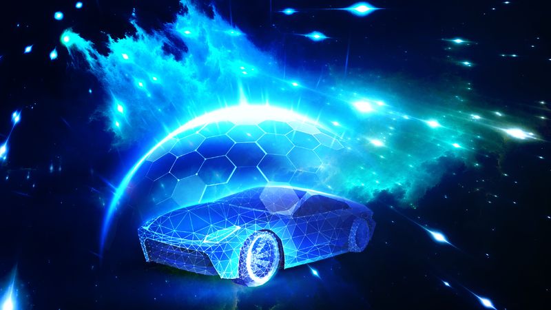 A 3D render of a poligonal car shielded by a force field from cosmic rays