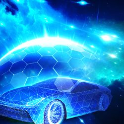 A 3D render of a poligonal car shielded by a force field from cosmic rays