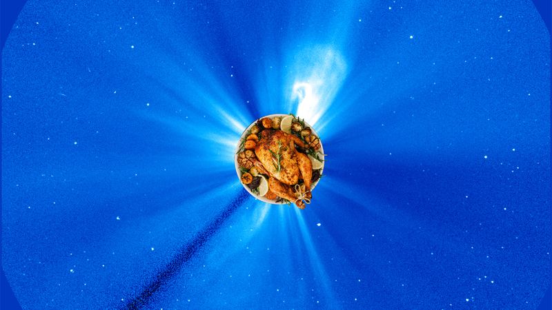 the coronal mass ejection seen by SOHO and instead of the coronagraph blocking the Sun it's a dinenr plate with a turkey