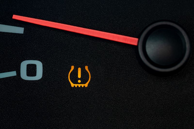 close up of car dashboard with the tire pressure light illuminated in yellow