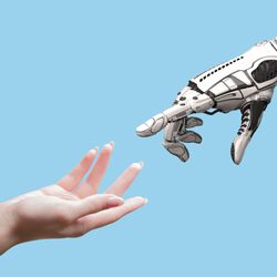 human hand and robot hand stretching towards each other from opposite corners of the image; the background is light blue