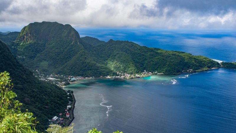 Aerial View of the village of Aua and Rainmaker Mountain on Tutuila