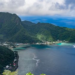 Aerial View of the village of Aua and Rainmaker Mountain on Tutuila