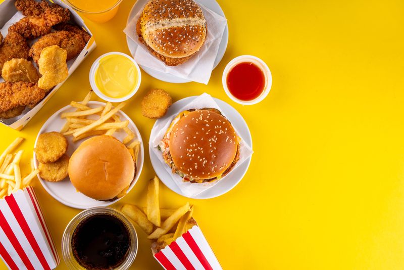 The top down look at food on a yellow surface. The food has been gathered to the left of the shot and shows three burgers - one with a plain bun - surrounded by fires and chicken nuggets. There are also some ramekins with different colored dips in them. The fries are served in red and white striped boxes.