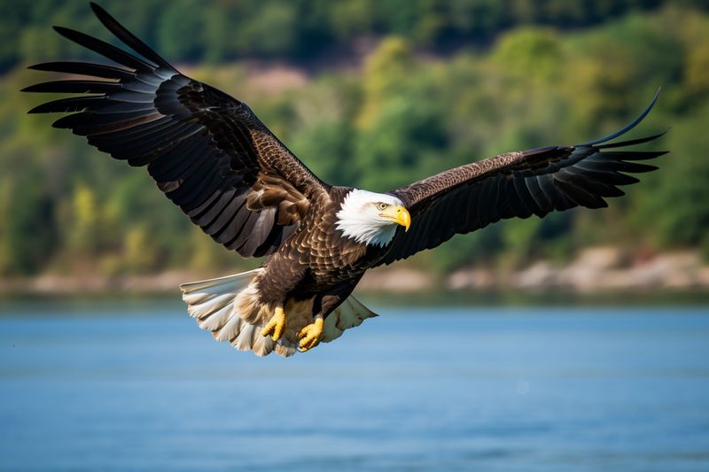 Selective focus shot of a bald eagle flying above the river in maryland