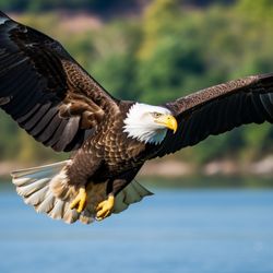 Selective focus shot of a bald eagle flying above the river in maryland