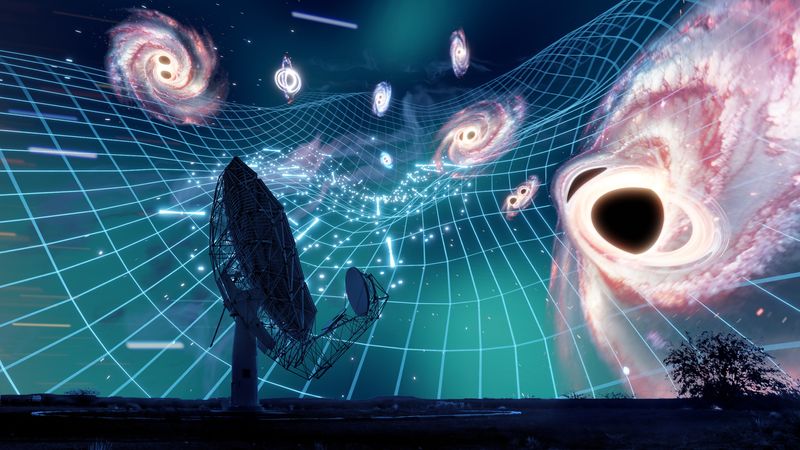 Artist impression show one of the MeerKAT antennae in the foreground behind in the sky, a warp lattice show the effect of gravity with exaggerated supermassive black holes warping galaxies