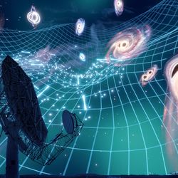 Artist impression show one of the MeerKAT antennae in the foreground behind in the sky, a warp lattice show the effect of gravity with exaggerated supermassive black holes warping galaxies