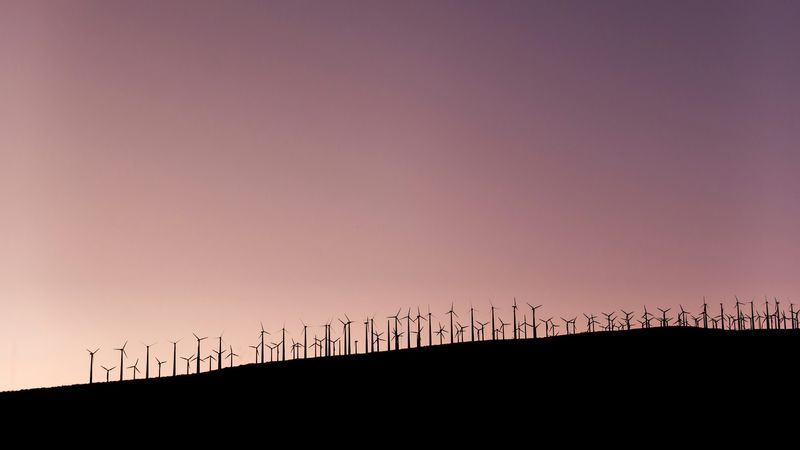 A wind farm on a cold winter evening in Palm Springs, California
