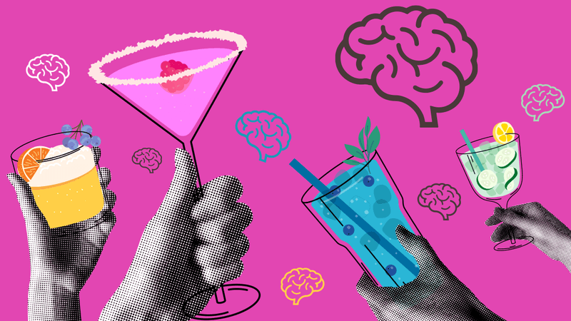 bright pink background with a collage of images of hands holding illustrated alcoholic drinks and multicoloured simple line drawings of a human brain