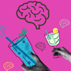 bright pink background with a collage of images of hands holding illustrated alcoholic drinks and multicoloured simple line drawings of a human brain