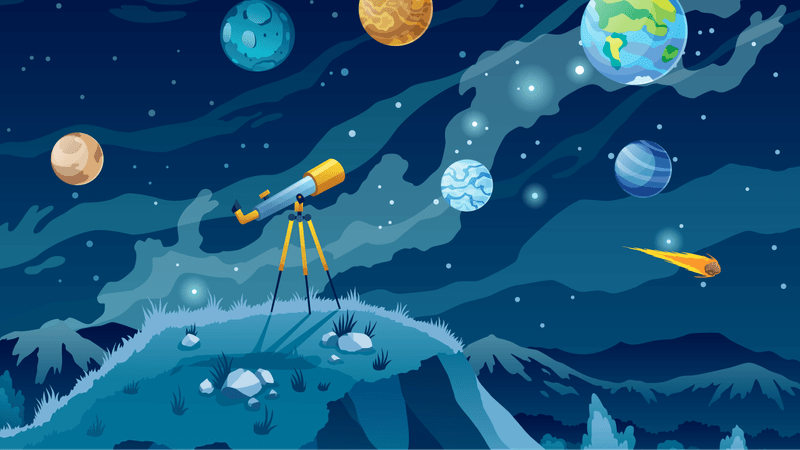 illustration of a telescope on a hill, with planets in the night sky