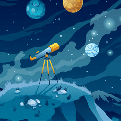 illustration of a telescope on a hill, with planets in the night sky