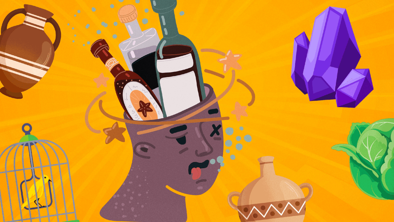 An illustration showing a very hungover-looking person with bottles of booze where their brain should be and some very dubious ancient hangover cures including a cabbage and some amethyst.