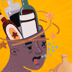 An illustration showing a very hungover-looking person with bottles of booze where their brain should be and some very dubious ancient hangover cures including a cabbage and some amethyst.