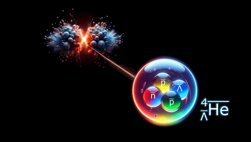 on one side of the image a colission is sketched in a 3D render and in the foreground a schematic view of the particles ( two antiprotons, an antineutron and an antilambda) that make the antihyperhelium-4