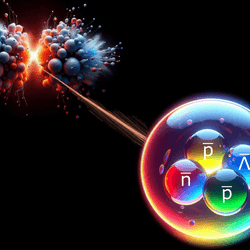 on one side of the image a colission is sketched in a 3D render and in the foreground a schematic view of the particles ( two antiprotons, an antineutron and an antilambda) that make the antihyperhelium-4