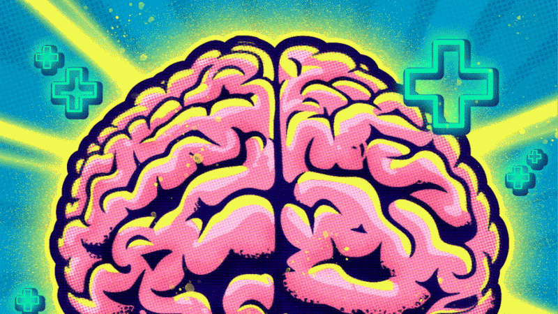 illustration of a brain with medical green crosses surrounding it