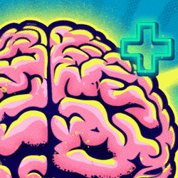 illustration of a brain with medical green crosses surrounding it