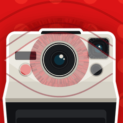 illustration of a camera, the lens has an iris around it