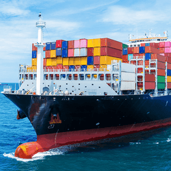 A cargo ship at sea.