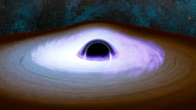 an artist impresson of a black hole as a sphere in the middle of a thin disk. a haze stretches around the sphere and the inner part of the disk, that's the corona.