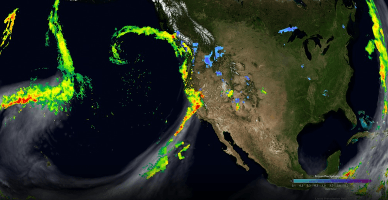 A GEOS Atmospheric Model showing a Atmospheric River slamming into the coast of California in 2017.