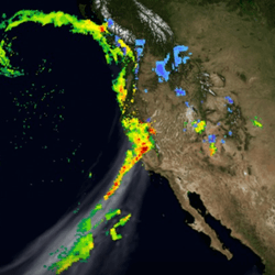A GEOS Atmospheric Model showing a Atmospheric River slamming into the coast of California in 2017.