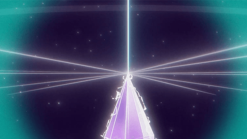 A cartoon graphic of a beam of electrons hitting the top of a purple crystal