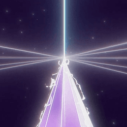 A cartoon graphic of a beam of electrons hitting the top of a purple crystal