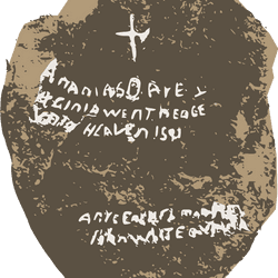 An artist's reconstruction of the Dare Stone showing the words carved into its surface in white. 