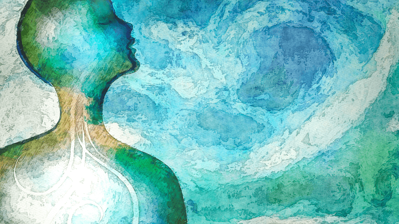 a person breathing, air visible in brushes of blue and green