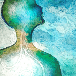 a person breathing, air visible in brushes of blue and green