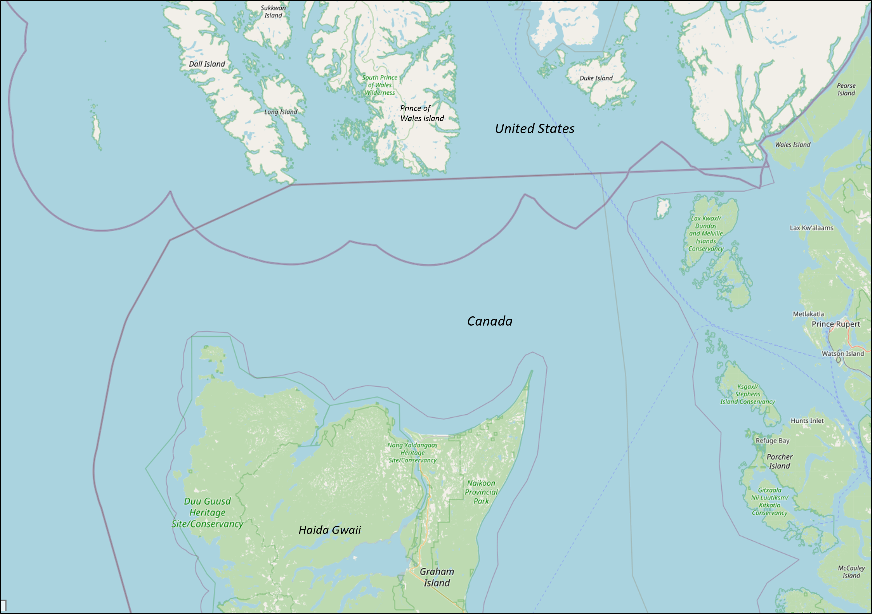 Dixon Entrance showing the borders recognized by Canada and the United States. Dixon Entrance showing the borders recognized by Canada and the United States.