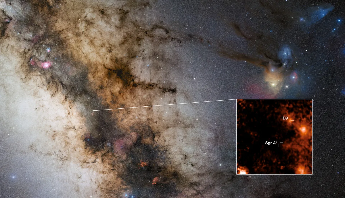 An image of the milky way as it is visible in the sky, with an zoomed in inset showing the location of Sagittarius A* and in the same field of view the new system An image of the milky way as it is visible in the sky, with an zoomed in inset showing the location of Sagittarius A* and in the same field of view the new system