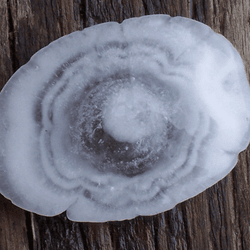 The centre of a large hailstone with alternate layers of opaque and transparent ice.