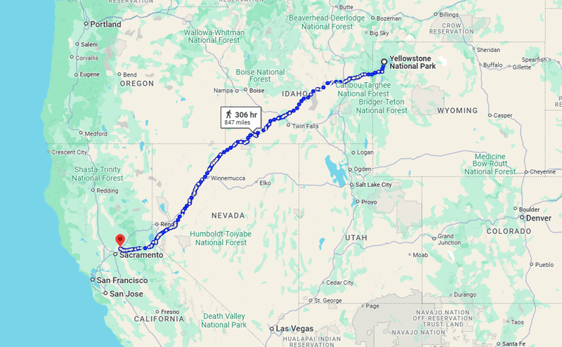 Google maps screenshot showing journey from Yellowstone to Roseville, California