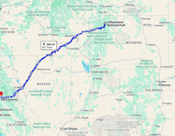 Google maps screenshot showing journey from Yellowstone to Roseville, California