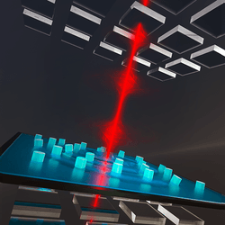 Conceptual art of the operating device, consisting of a nanopillar-loaded drum sandwiched by two periodically segmented mirrors, allowing the laser light to strongly interact with the drum quantum mechanically at room temperature.
