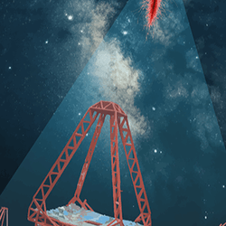 Three telescopes are seen pointing at the sky. In the sky there is a dark red splotch as an artist impression of a particle cascade