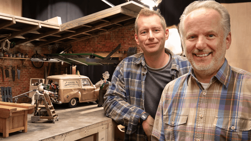 Nick Park and Merlin Crossingham on the set of wallace and gromit