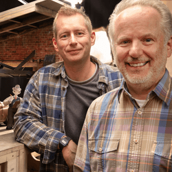 Nick Park and Merlin Crossingham on the set of wallace and gromit
