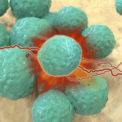 Illustration of a blue bacterium being shocked by red sparks
