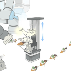 a diagram showing cockroaches being given electric backpacks via a robotic arm