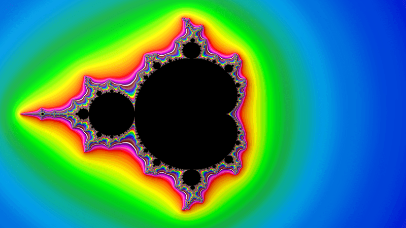 Mandelbrot set with Orbit Trap and 100 iterations rendered in a funky rainbow kinda aesthetic