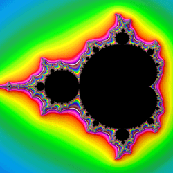 Mandelbrot set with Orbit Trap and 100 iterations rendered in a funky rainbow kinda aesthetic