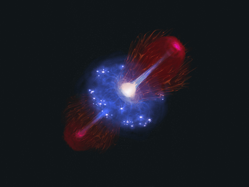 the black hole is seen as a yellow sphere surronded by a bright donut of blue gas. Above and below it there are bubbles and jets being released