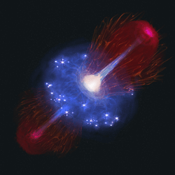the black hole is seen as a yellow sphere surronded by a bright donut of blue gas. Above and below it there are bubbles and jets being released